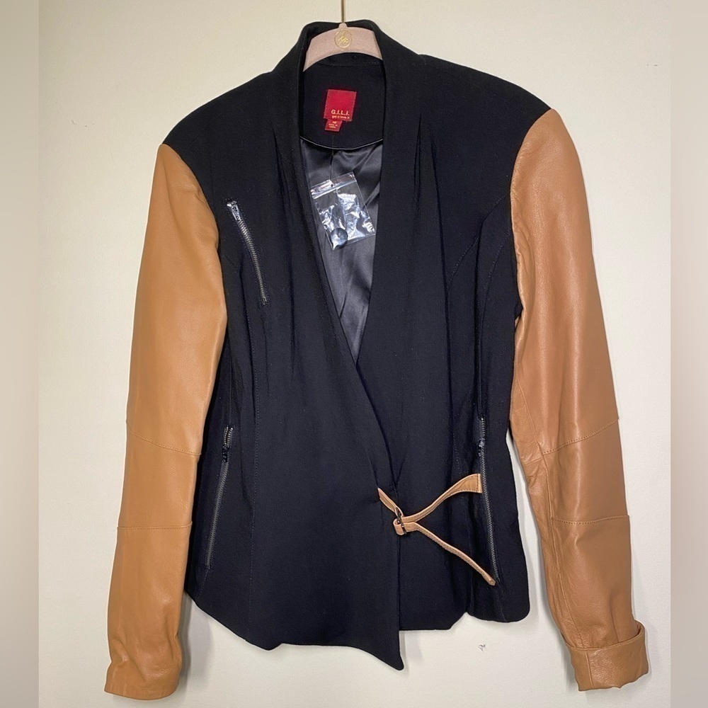 GILI Black Jacket with Tan Leather Sleeves M NWOT